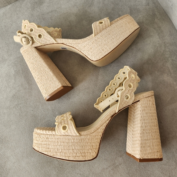 Larroude platform sandals 9.5 cream raffia Dolly Broderie chunky heels new $330 - Picture 4 of 17